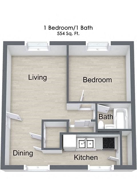 Floor plan for 1 bed, 1 bath, 554 sqft